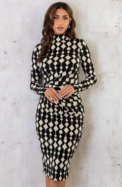 Aansluitende Jurk Overslag Gedrapeerd Print Zwart Wit