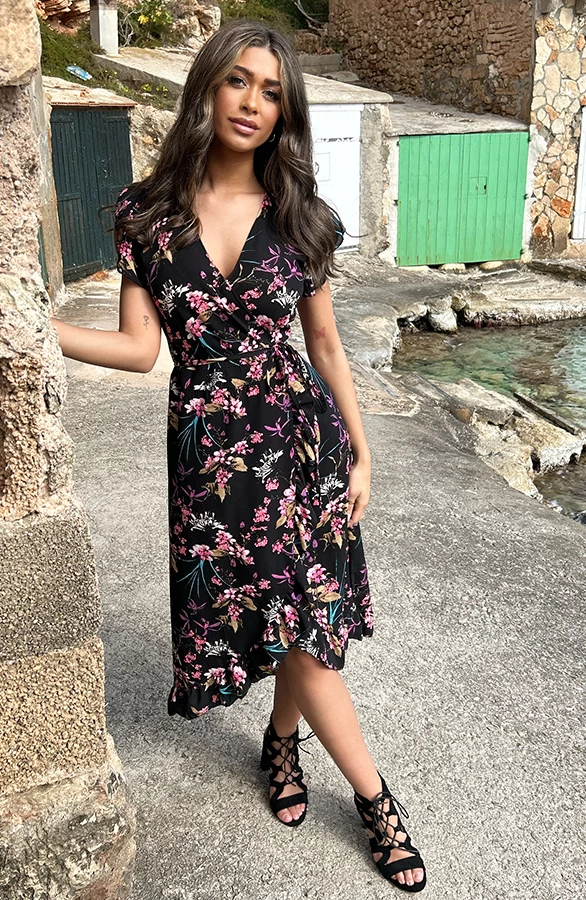 Bloemen Jurk Midi Print Zwart 3 Bloemen Jurk Midi Print Zwart