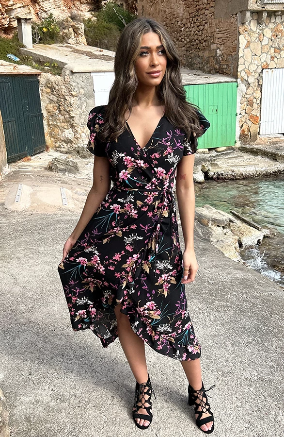 Bloemen Jurk Midi Print Zwart 5 Bloemen Jurk Midi Print Zwart - Afbeelding 3