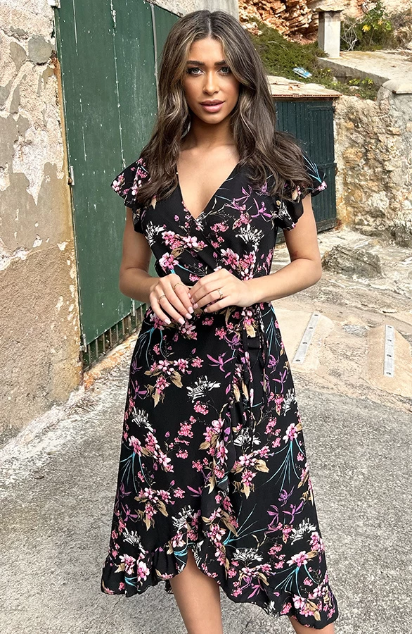 Bloemen Jurk Midi Print Zwart 4 Bloemen Jurk Midi Print Zwart - Afbeelding 2