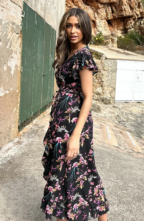 Bloemen Jurk Midi Print Zwart 6 Bloemen Jurk Midi Print Zwart - Afbeelding 4