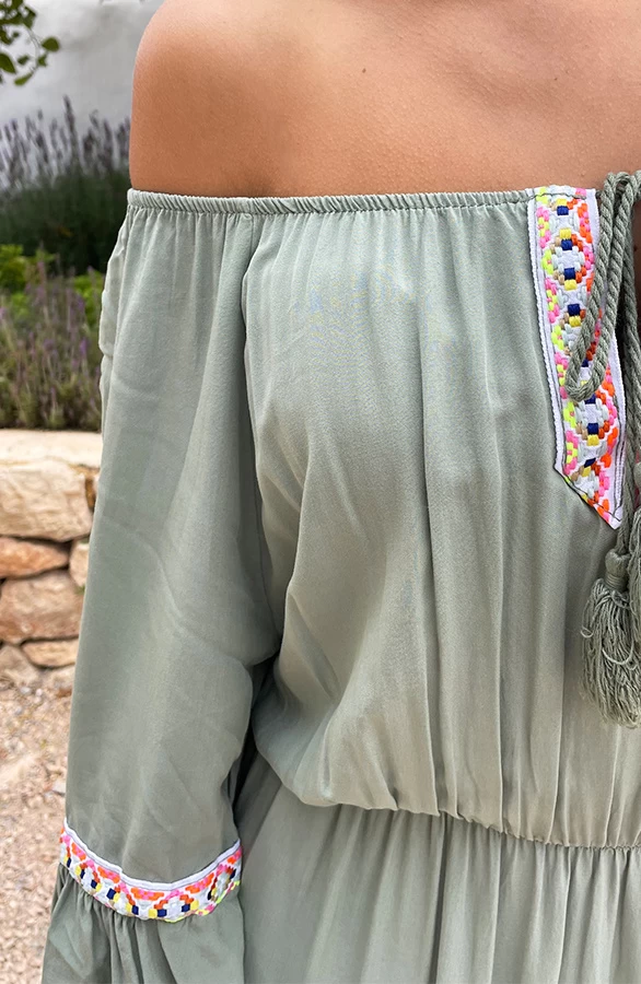 Boho Off Shoulder Jurk Army 7 Boho Off Shoulder Jurk Army - Afbeelding 5