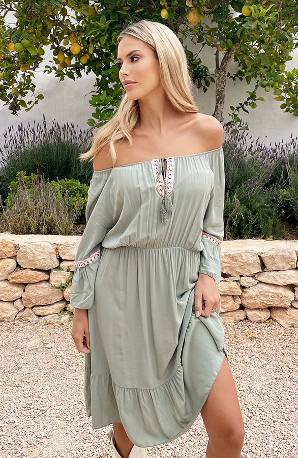 Boho Off Shoulder Jurk Army 3 Boho Off Shoulder Jurk Army
