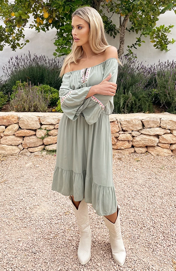 Boho Off Shoulder Jurk Army 8 Boho Off Shoulder Jurk Army - Afbeelding 6