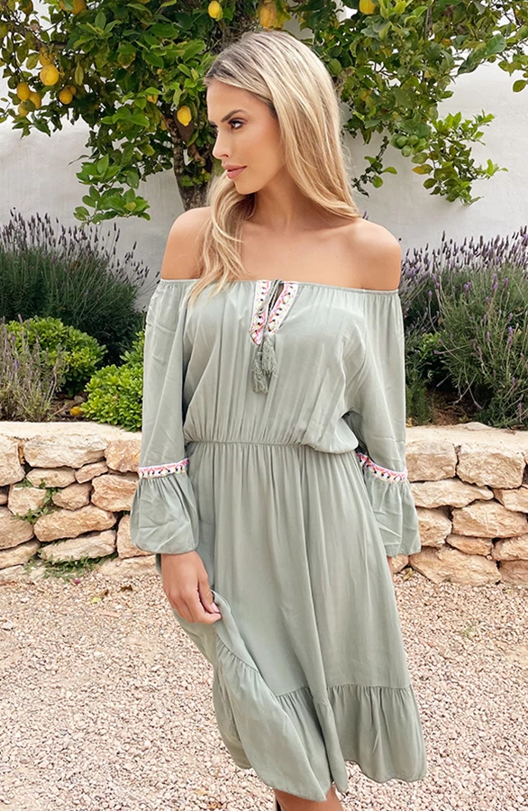 Boho Off Shoulder Jurk Army 4 Boho Off Shoulder Jurk Army - Afbeelding 2