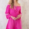 Boho Off Shoulder Jurk Fuchsia