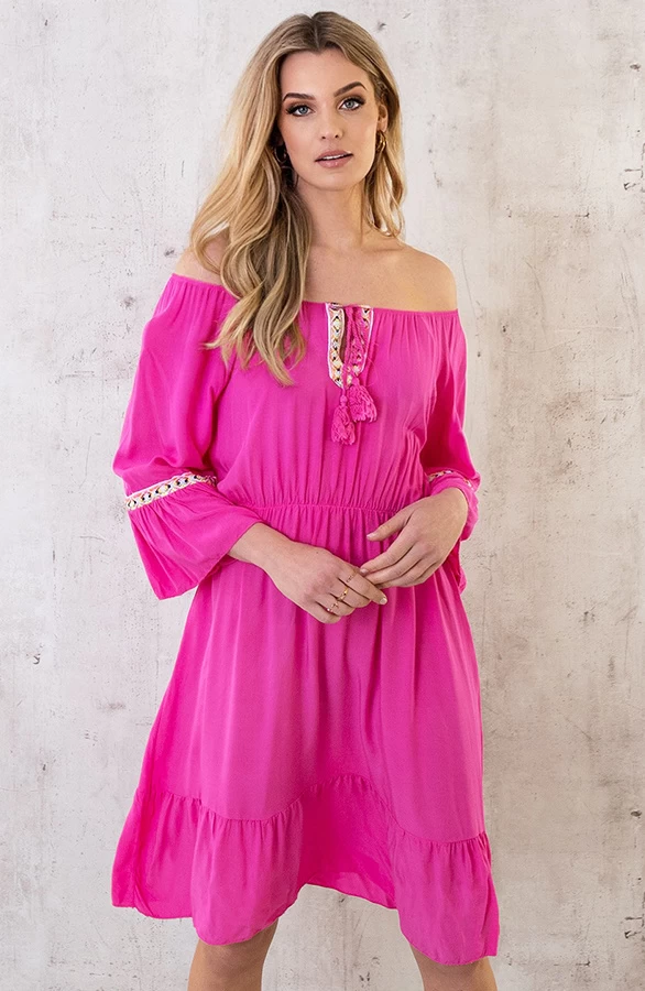 Boho Off Shoulder Jurk Fuchsia 3 Boho Off Shoulder Jurk Fuchsia