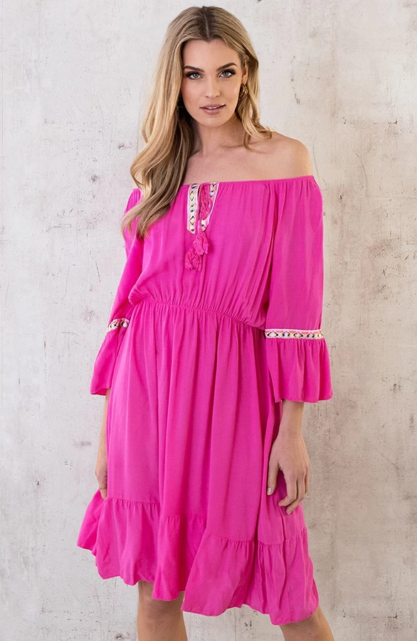 Boho Off Shoulder Jurk Fuchsia 4 Boho Off Shoulder Jurk Fuchsia - Afbeelding 2
