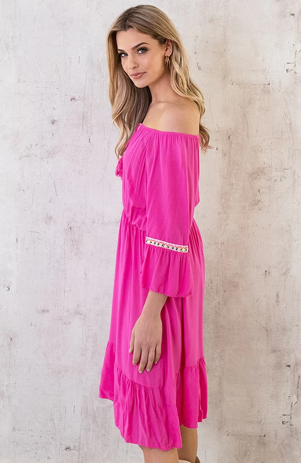 Boho Off Shoulder Jurk Fuchsia 7 Boho Off Shoulder Jurk Fuchsia - Afbeelding 5