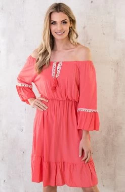 Boho Off Shoulder Jurk Koraal -Kleding Promotie Winkel Boho Off Shoulder Jurk Koraal 1 586x900 1