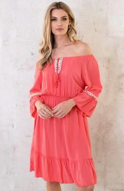 Boho Off Shoulder Jurk Koraal