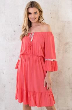 Boho Off Shoulder Jurk Koraal -Kleding Promotie Winkel Boho Off Shoulder Jurk Koraal 3 586x900 1