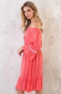 Boho Off Shoulder Jurk Koraal -Kleding Promotie Winkel Boho Off Shoulder Jurk Koraal 5 586x900 1