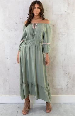 Boho Off Shoulder Maxi Jurk Army