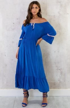 Boho Off Shoulder Maxi Jurk Kobalt