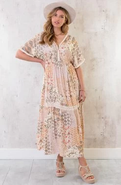 Boho Print Jurk Maxi Beige