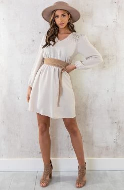 Boho V-Hals Jurk Beige -Kleding Promotie Winkel Boho V Hals Jurk Beige 2 586x900 2