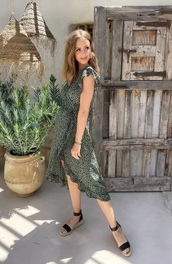 Cheetah Jurk Midi Legergroen -Kleding Promotie Winkel Cheetah Jurk Midi Legergroen 586x900 2