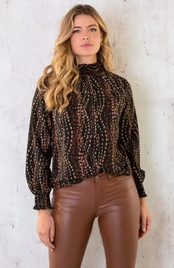 Col Blouse Dots Print Choco -Kleding Promotie Winkel Col Blouse Dots Print Choco 3 586x900 2