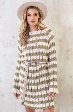 Crochet Strepen Jurk Army Ecru