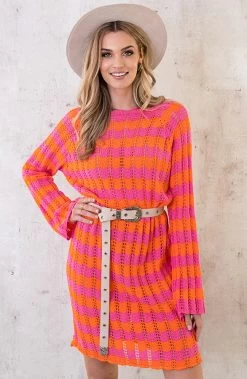 Crochet Strepen Jurk Roze Oranje -Kleding Promotie Winkel Crochet Strepen Jurk Roze Oranje 4 586x900 1