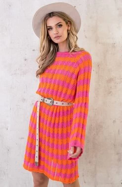 Crochet Strepen Jurk Roze Oranje -Kleding Promotie Winkel Crochet Strepen Jurk Roze Oranje 5 586x900 1