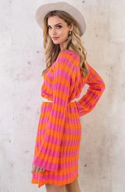 Crochet Strepen Jurk Roze Oranje -Kleding Promotie Winkel Crochet Strepen Jurk Roze Oranje 7 586x900 1