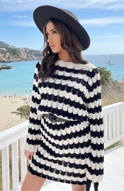 Crochet Strepen Jurk Zwart Ecru