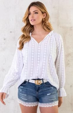 Embroidery V-hals Blouse Ecru -Kleding Promotie Winkel Embroidery V hals Blouse Ecru 3 586x900 1
