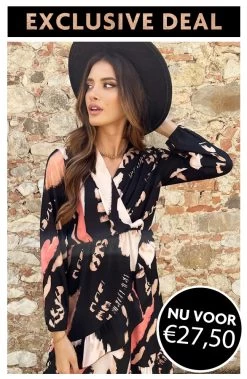 Exclusive Deal Overslag Print Jurk Zwart Beige
