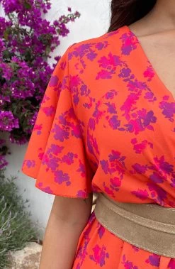 Florence Flower Print Jurk Oranje Paars -Kleding Promotie Winkel Florence Flower Print Jurk Oranje Paars 1 586x900 1