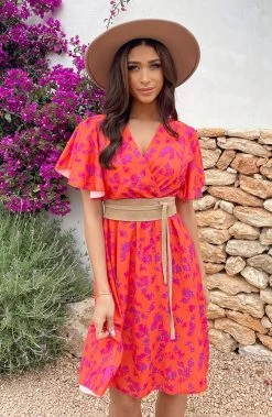 Florence Flower Print Jurk Oranje Paars -Kleding Promotie Winkel Florence Flower Print Jurk Oranje Paars 4 586x900 1