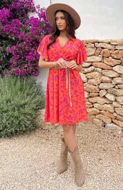 Florence Flower Print Jurk Oranje Paars -Kleding Promotie Winkel Florence Flower Print Jurk Oranje Paars 6 586x900 1