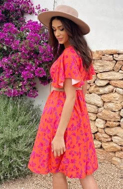 Florence Flower Print Jurk Oranje Paars -Kleding Promotie Winkel Florence Flower Print Jurk Oranje Paars 7 586x900 1