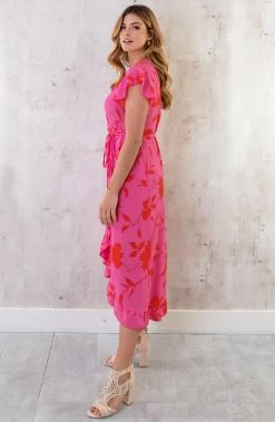 Flower Jurk Midi Roze Rood -Kleding Promotie Winkel Flower Jurk Midi Roze Rood 2 586x900 1