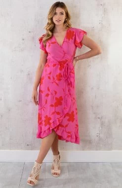 Flower Jurk Midi Roze Rood