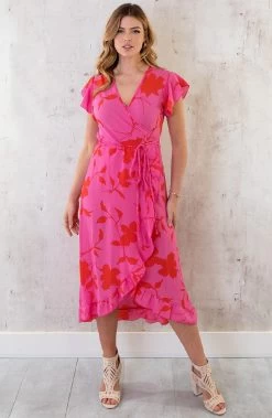 Flower Jurk Midi Roze Rood -Kleding Promotie Winkel Flower Jurk Midi Roze Rood 6 586x900 1