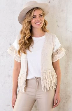 Boho Oversized Tee Ecru -Kleding Promotie Winkel Fringe Gilet Beige 586x900 1