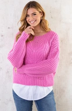 Blouse Verlenging Dames Wit -Kleding Promotie Winkel Gebreide Boothals Trui Roze 2 586x900 1