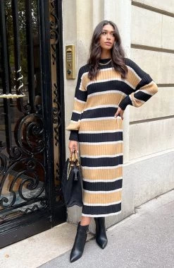 Gebreide Strepen Jurk Camel