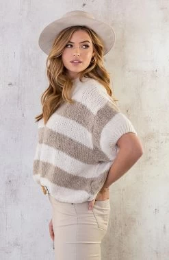 Gebreide Top Gestreept Ecru Taupe -Kleding Promotie Winkel Gebreide Top Gestreept Ecru Taupe 2 1 586x900 1