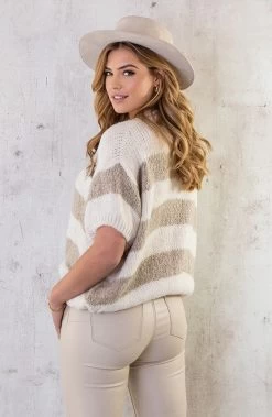 Gebreide Top Gestreept Ecru Taupe -Kleding Promotie Winkel Gebreide Top Gestreept Ecru Taupe 3 586x900 1