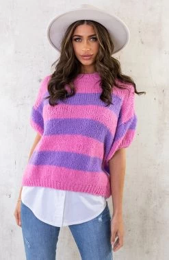 Gebreide Top Gestreept Paars Roze