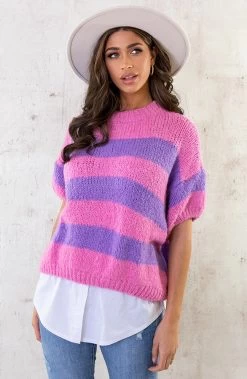 Gebreide Top Gestreept Paars Roze -Kleding Promotie Winkel Gebreide Top Gestreept Paars Roze 4 586x900 1