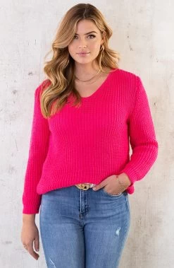 Gebreide V-hals Trui Fuchsia