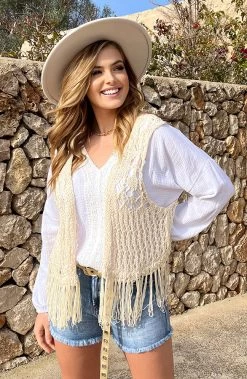 Gehaakt Gilet Fringe Beige