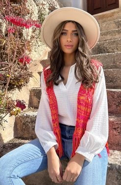 Gehaakt Gilet Fringe Fuchsia Oranje -Kleding Promotie Winkel Gehaakt Gilet Fringe Fuchsia Oranje 1 586x900 1