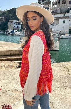 Gehaakt Gilet Fringe Fuchsia Oranje -Kleding Promotie Winkel Gehaakt Gilet Fringe Fuchsia Oranje 7 586x900 1