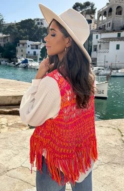 Gehaakt Gilet Fringe Fuchsia Oranje