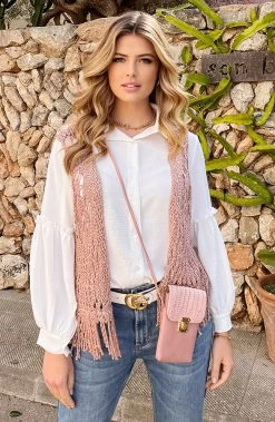 Mini Clutch Roze -Kleding Promotie Winkel Gehaakt Gilet Fringe Lurex Rose Goud 2 586x900 2